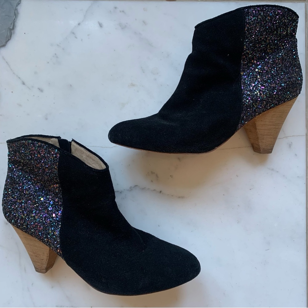 Matt Bernson Jardin Black Suede Glitter Purple Sparkly Ankle Booties Size 10